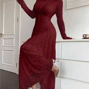 Elegant Long Sleeve Red Lace Dress